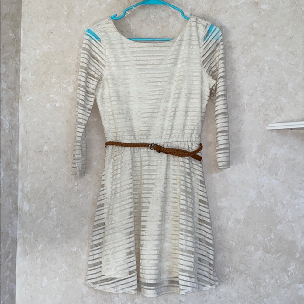 Off White 3/4 Sleeve striped Belted dress
